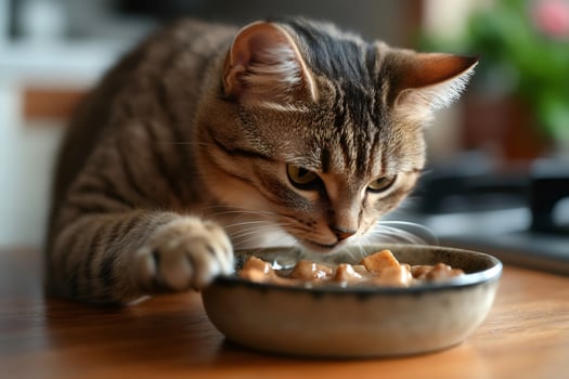 Tabby cat eating wet food from a bowl on a wooden table. photo