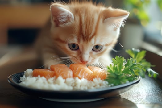 Ginger kitten eating salmon and rice from a plate photo