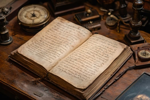 Open antique book laying on wooden desk surrounded by navigation tools photo