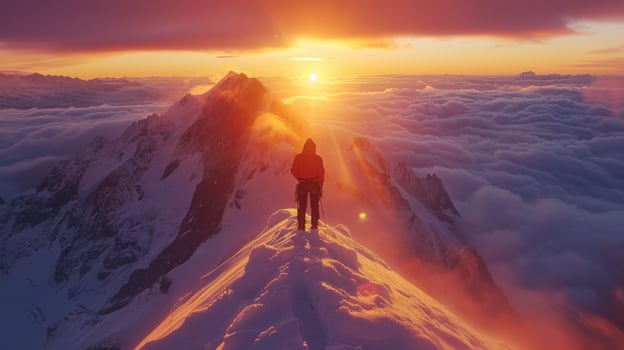 A climber stands on a snowy mountain peak as the sun sets, casting a warm glow over the clouds and surrounding peaks. The breathtaking landscape showcases nature's beauty and tranquility. photo