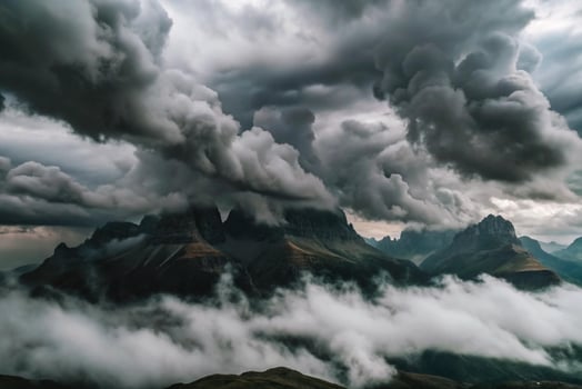 Majestic Mountain Peaks Concealed by a Dramatic Stormy Sky photo