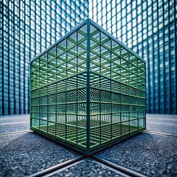 Green Cubic Cage Structure in Modern Architectural Setting photo