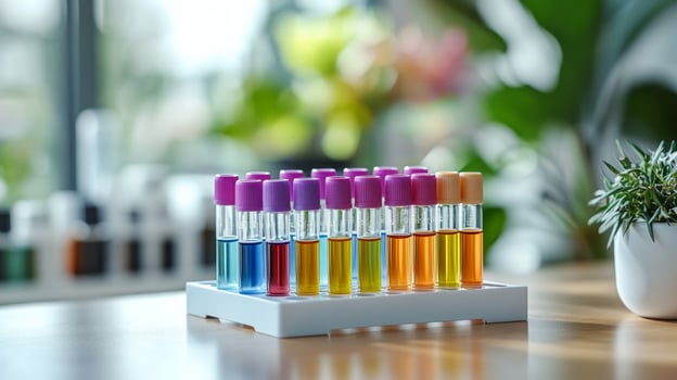 A small table with several test tubes and a plant photo