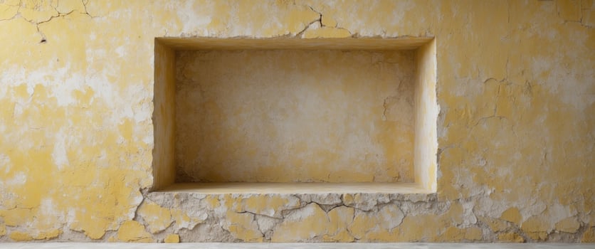 Weathered yellow plaster wall with cracked texture and recessed niche. photo
