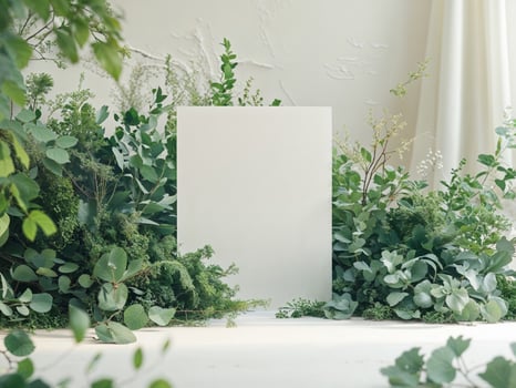 White Blank Paper Surrounded By Greenery And Decor. photo