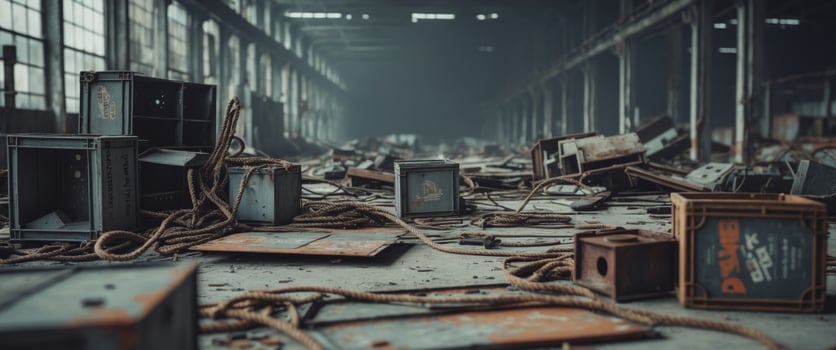 An abandoned factory with old electronics and wires photo