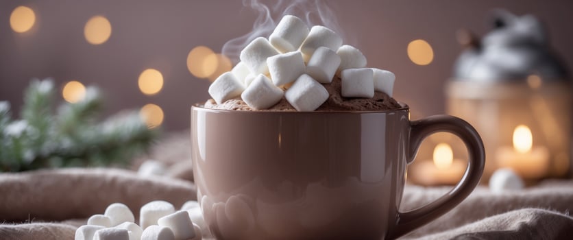Hot chocolate with marshmallows on a brown background photo