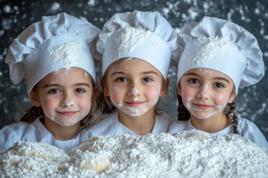 Young chefs having fun baking with flour in a kitchen full of joy and laughter photo