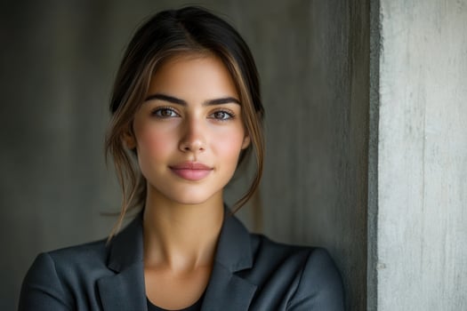 Young woman poses confidently in a modern office setting with a neutral background photo