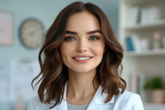Smiling healthcare professional in a clinical setting during daylight hours photo