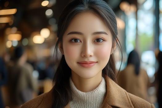 Young woman smiles in a cozy cafe filled with people during a sunny afternoon photo