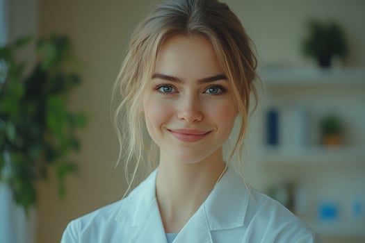 Smiling female medical professional in a bright office environment during daytime photo