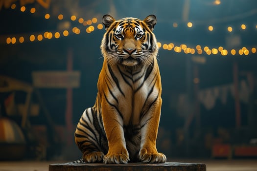 A beautiful adult tiger sits obediently on a pedestal in a circus arena. A tiger in a circus photo
