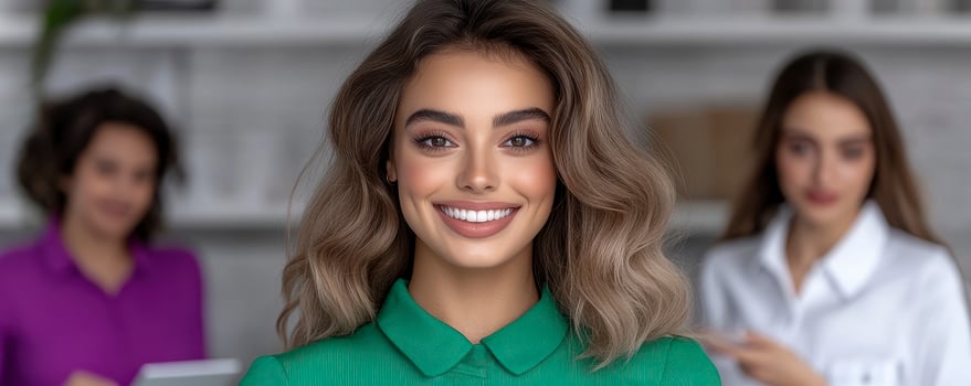 Smiling Young Woman in Green Shirt with Colleagues photo