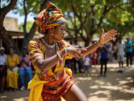 A woman in a colorful dress dancing in front of people photo