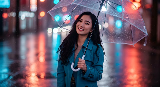 Smiling Woman with Umbrella in Rainy City Street at Night photo