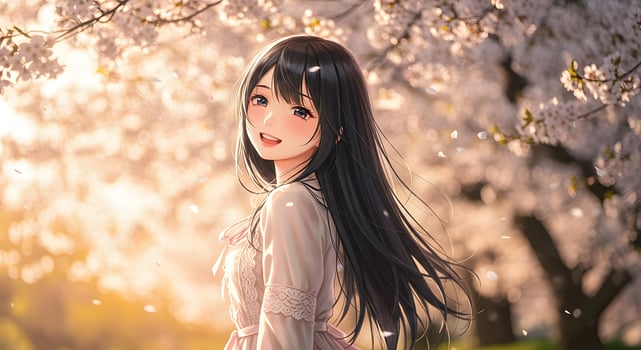 Smiling Anime Girl Amidst Cherry Blossoms in Warm Golden Sunlight photo