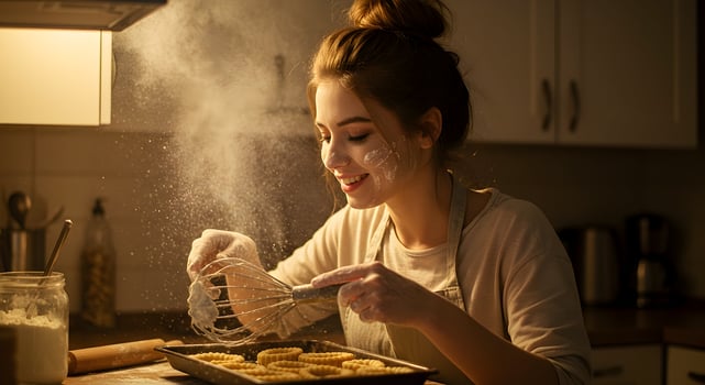 Young Woman Baking Cookies at Home with Flour Dusting the Air photo