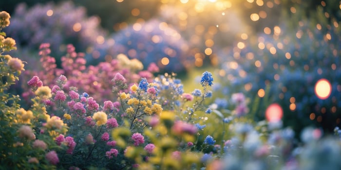Sunset in a vibrant garden filled with blooming flowers and fruit trees creating a picturesque retreat photo