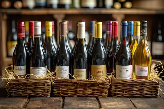 Diverse selection of fine wines in rustic baskets at a cozy winery setting. photo