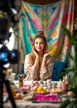 Beauty blogger. Beautiful young woman making for her blog about cosmetics. Beauty Influencer's Skincare Routine photo