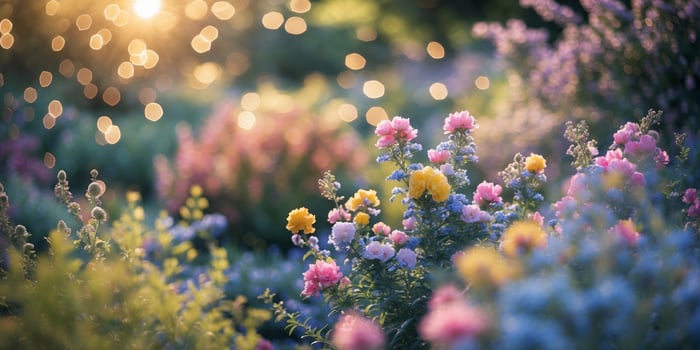 Colorful flowers bloom in a vibrant garden during a sunny afternoon, creating a serene atmosphere photo