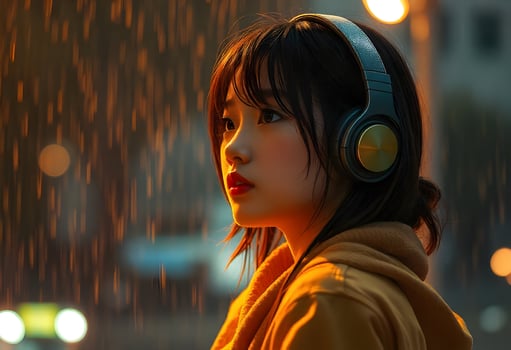 Woman Listening to Music with Headphones in Rainy City Evening photo