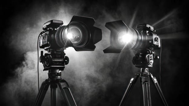 Professional Film Cameras on Tripods Dramatic Lighting photo