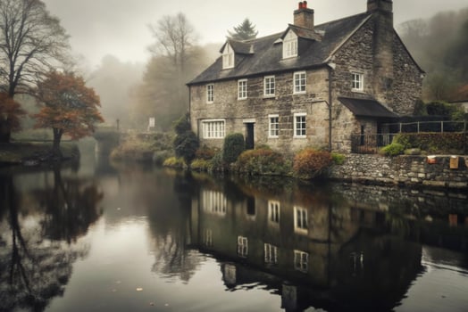 Misty Morning at the Stone House by the River Autumnal Reflections Serene Landscape photo