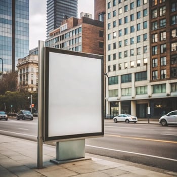 Blank Billboard Advertisement in City Setting with Modern Buildings and Cars photo