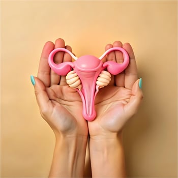 A Pair of Hands Gently Holding a Pink Anatomical Model of a Uterus photo