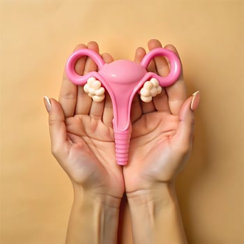 A pair of hands gently cradling a pink anatomical model of a human uterus and ovaries representing womens health care and reproductive system photo