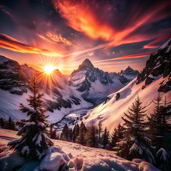 Spectacular Sunrise over Snow Covered Mountains in Winter photo