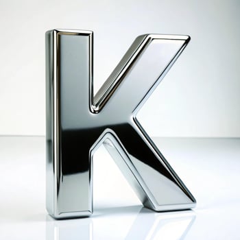 A Polished Chrome Letter K Reflecting Light on a White Surface photo