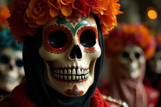 Colorful Dia de Muertos Celebration with Decorated Skulls and Vibrant Flowers photo