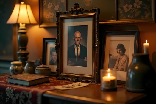 Reflection of Dia de Muertos Tradition with Family Photos and Candlelight on Altar