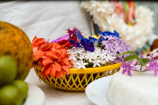 A basket of flowers and a plate of rice photo