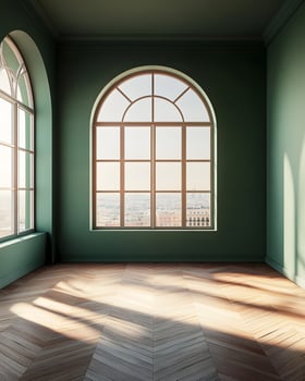 Serene Interior Space with Large Arched Windows Showcasing a Beautiful Cityscape View photo