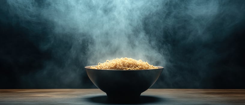 Warm and Inviting Bowl of Ramen on a Wooden Table with Dark Background and Thick Steam photo