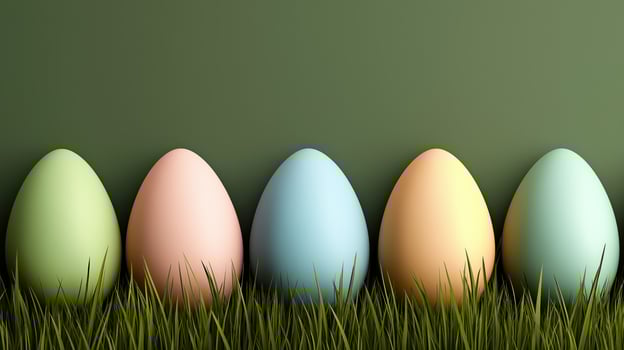 Easter eggs in pastel colors in grass on green background, with copy space photo