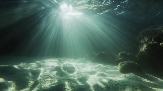 Underwater sunlight creating light rays through turquoise water onto sandy seabed photo