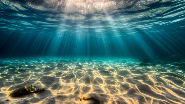 Underwater Sunlight Beams illuminating the seabed, crystal clear blue water reflects beauty photo