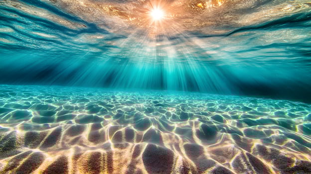 Underwater Sunlight Filtering Through Ocean Waves onto Sandy Seabed, Sparkling Visual photo