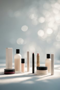 Various skincare and makeup products arranged aesthetically with soft lighting photo