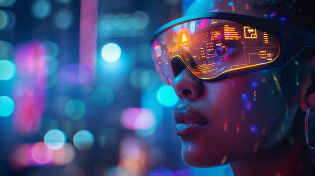 A person wearing high tech glasses is immersed in a vibrant digital environment. The glasses display various health related metrics, highlighting the intersection of technology and mental health. photo