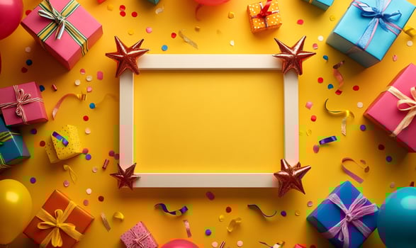 Festive arrangement of gifts, balloons, and confetti creating a vibrant birthday or celebration scene with copy space photo