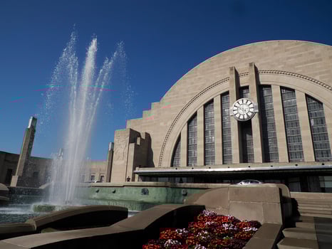 Cincinnati historical train station art deco museum exterior view fountain detail photo