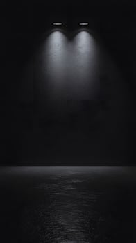Two Spotlights Illuminating Dark Room with Textured Wall and Reflective Floor photo
