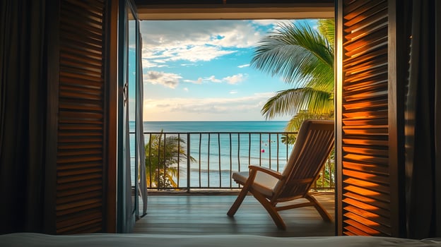 A serene ocean view from a tropical balcony, featuring wooden chair and palm trees photo