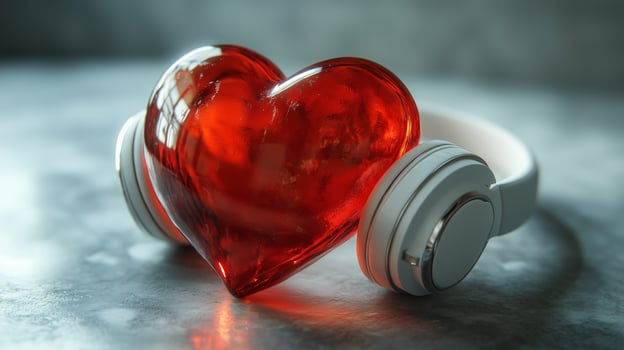 A red heart with white headphones on a white background. 5 photo